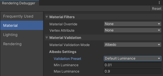 Rendering Debugger, Material section