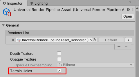 URP Asset, Terrain Holes check box.