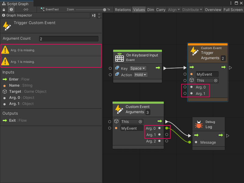 An image of the Graph Editor and Graph Inspector. An On Keyboard Input node with its Key set to Space and its Action set to Hold connects to a Custom Event Trigger node. The node triggers the MyEvent Custom Event node, which connects to a Debug Log node to write the value of Arg. 0 to the console. The Custom Event Trigger node displays in orange because its Arg. 0 and Arg. 1 input ports don't receive any input values. The Graph Inspector displays two warnings that state that Arg. 0 is missing, and Arg. 1 is missing.