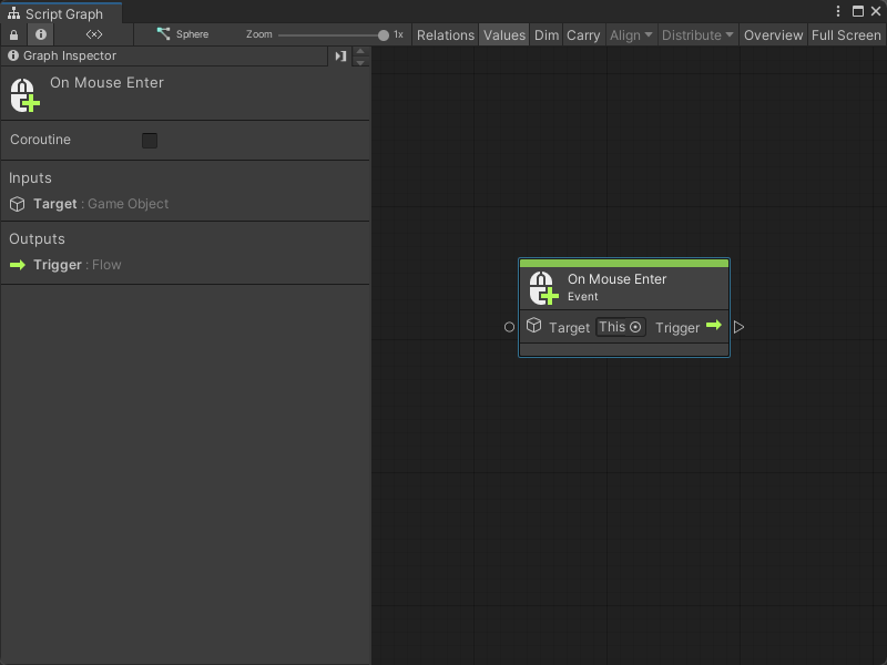 An image of the Graph window. An On Mouse Enter node displays with its details in the Graph Inspector.