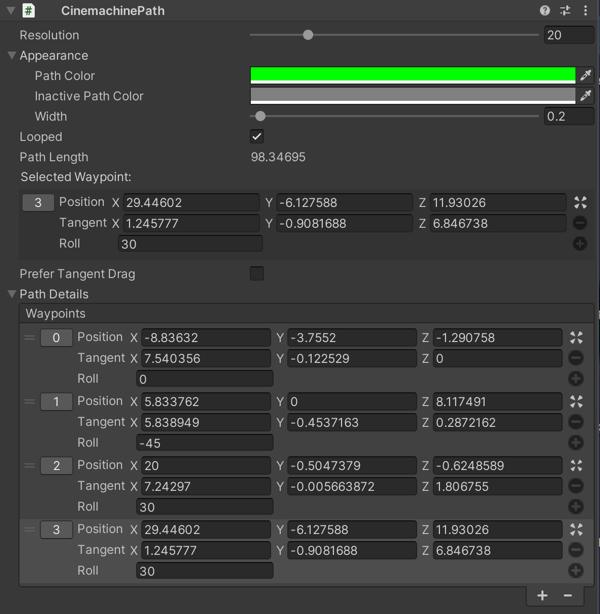 Editing a dolly path in the Inspector window