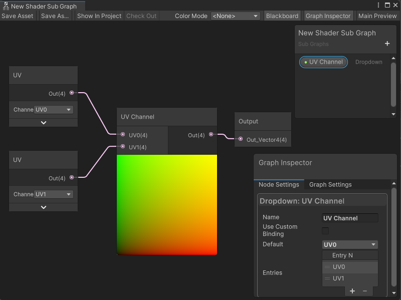 An image of the Graph window. The first input port on a Subgraph Dropdown node connects to a UV node and receives UV0. The second input port connects to a UV node and receives UV1. The Subgraph Dropdown node sends its output to the Subgraph's Output node.