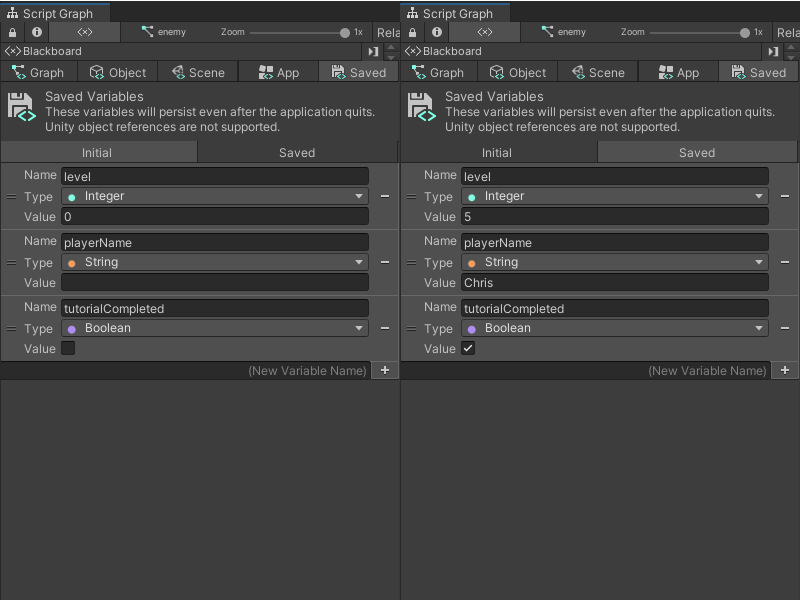 An image that displays a comparison between the Initial and Saved tabs for a set of defined Saved variables. The values for the Saved variables are different across the Initial and Saved tabs.