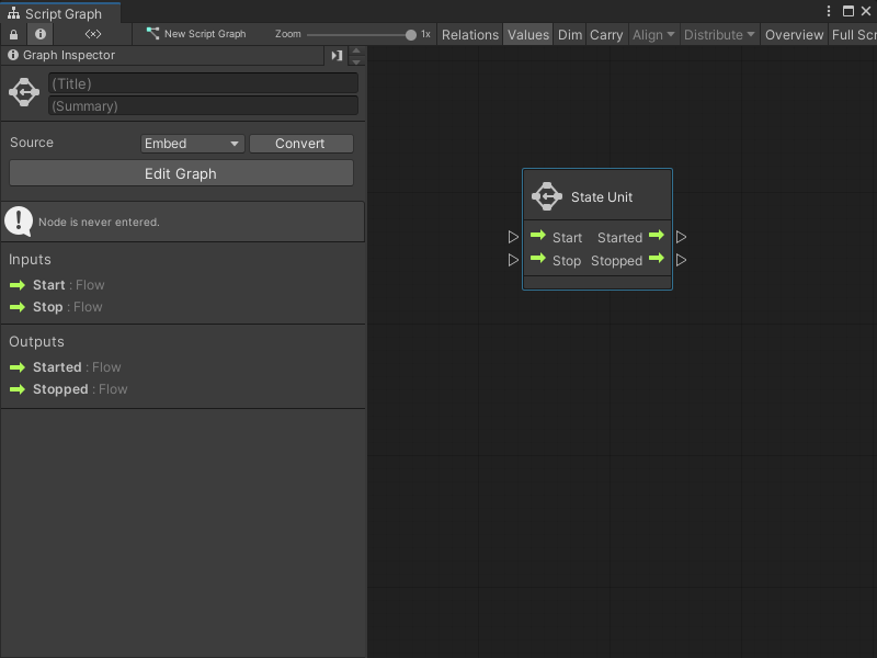 An image of the Graph window that displays a State Unit node and the Graph Inspector.