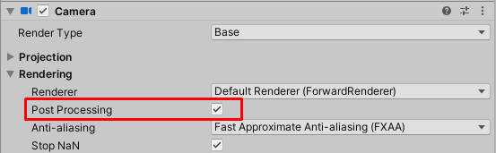 Select a Camera, select the Post Processing check box.