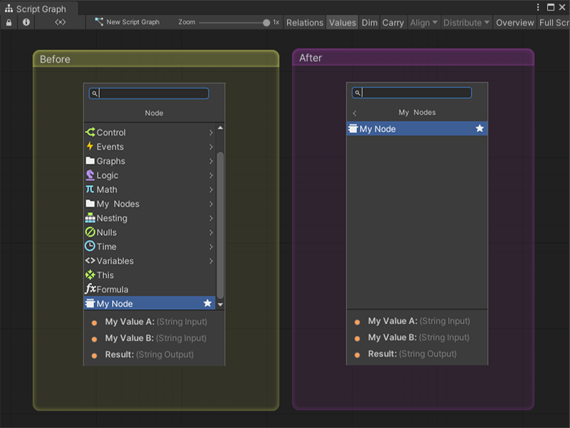 An image of the Graph window. The opened Script Graph has two groups that each contain an open fuzzy finder: a yellow Before group and a purple After group. In the Before group, the fuzzy finder displays the Custom C# node, My Node, at the end of the top level of available nodes and node categories in the fuzzy finder. In the After group, the Custom C# node, My Node, has moved to the My Nodes category.