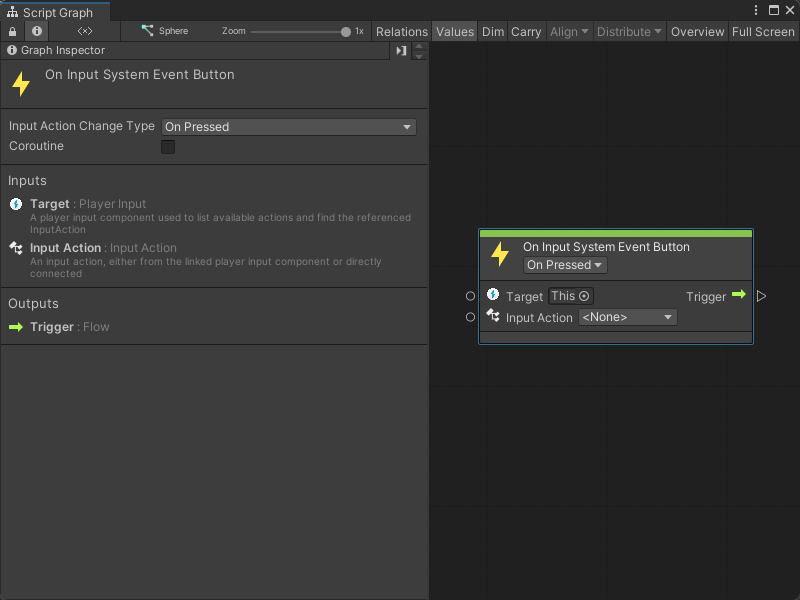 An image of the Graph window. An On Input System Event Button node displays with its details in the Graph Inspector.