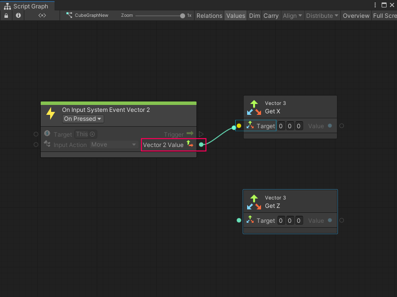 An image of the Graph window, that displays the On Input System Event Vector 2 node, the Vector 3 Get X, and Vector 3 Get Z nodes. A connection is being made from the Vector 2 Value port on the On Input System Event Vector 2 node and the Target port on the Vector 3 Get X node.