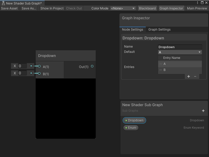 An image of the Graph window, that displays a Dropdown node in the Graph Editor. The Dropdown property is selected in the Blackboard and the Graph Inspector shows the available options for configuring the Dropdown property.