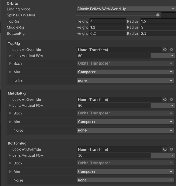 Cinemachine Free Look properties for spline, and the Top, Middle, and Bottom rigs