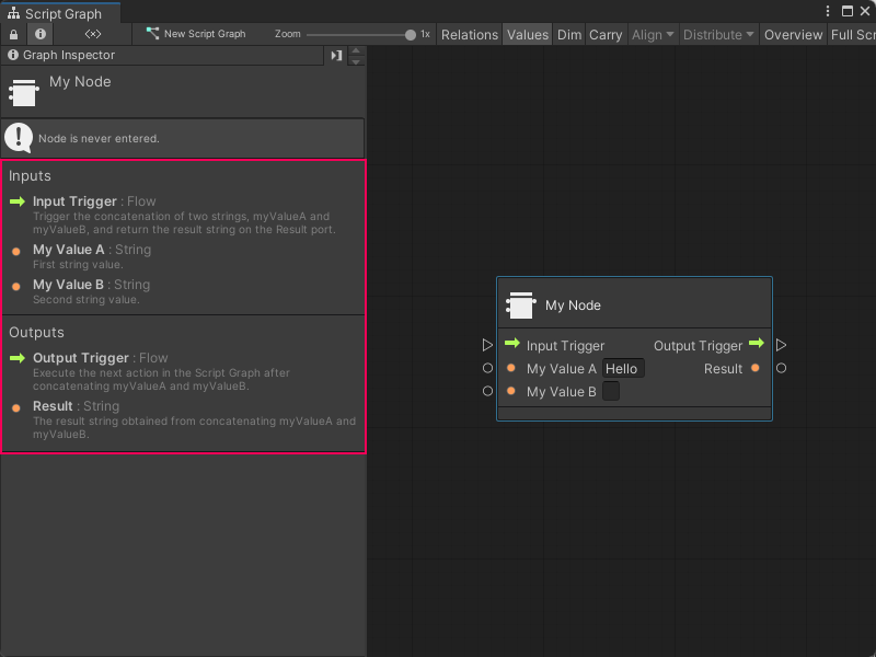 An image of the Graph window. The Graph Inspector is open on the left with the Custom C# node, My Node, selected. The Graph Inspector displays the documentation written for each port on the node, underneath the name and type for each port.