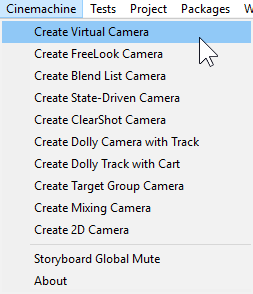 Cinemachine menu in the Unity Editor