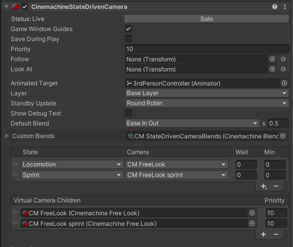 Properties for Cinemachine State-Driven camera