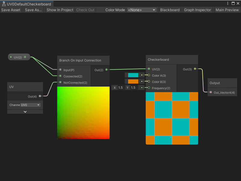 An image of the Graph window. A UV property is connected to the Input port on a Branch On Input Connection node. The property also connects to the Branch On Input Connection node's Connected input port, while a UV node with its channel set to UV0 connects to the NotConnected port. The Branch On Input Connection node's Out port connects to a Checkerboard node's UV input port.